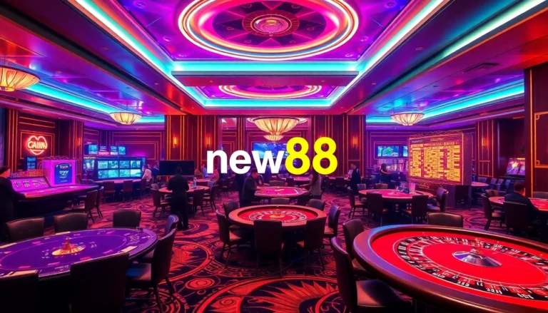 Experience the thrill of new88 online gaming at a luxurious casino with vibrant tables and players.